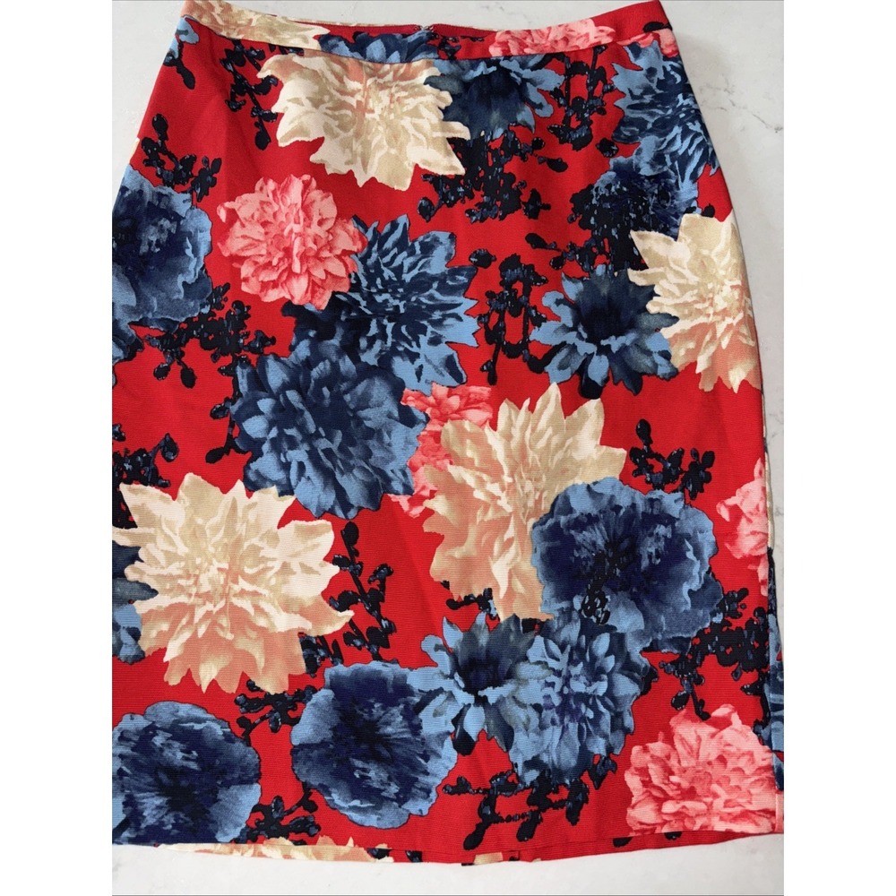 Talbots Red Blue Floral Pencil‎ Skirt Womens 4 Tencil Cotton Lined